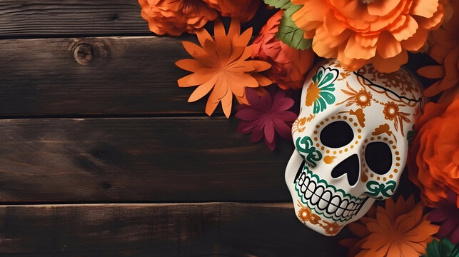 Decorated skull and colorful flowers on brown wooden background. day of the dead theme, Mexico