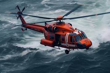 Coast Guard lifeguard descends from a helicopter onto a ship in the middle of the deep blue sea, performing a daring rescue operation.Generated with AI