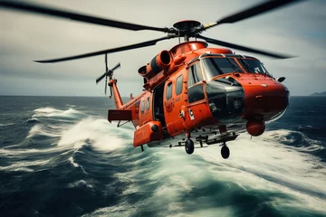 Outdoor kussens Coast Guard lifeguard descends from a helicopter onto a ship in the middle of the deep blue sea, performing a daring rescue operation.Generated with AI © Chanwit