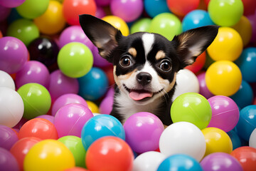 Fototapeta na wymiar portrait of puppy in colourful ball pit