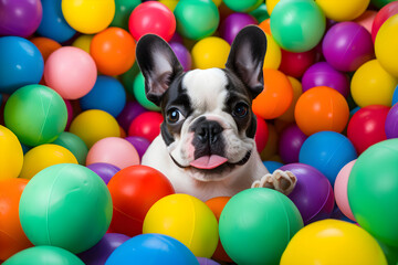 portrait of puppy in colourful ball pit
