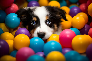 portrait of puppy in colourful ball pit - obrazy, fototapety, plakaty