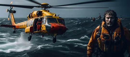 Crédence de cuisine en verre imprimé hélicoptère Coast Guard lifeguard descends from a helicopter onto a ship in the middle of the deep blue sea, performing a daring rescue operation.Generated with AI