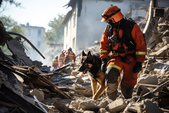 USAR (Urban Search and Rescue), along with their K9 search and rescue dogs. mobilizing to search for earthquake survivors amid the rubble of a collapsed building. Generated with AI