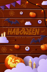 Spooky Halloween holiday flat icon on wooden plank background. Pumpkins with scary expressions, ghosts and other scary elements. Perfect imaginative banner for the web.