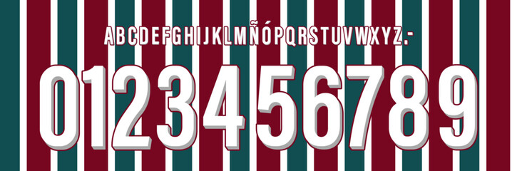 font vector team 2023 - 2024 kit sport style font. football style font with lines. Fluminense  font. flu home. sports style letters and numbers for soccer team. league Brazil.