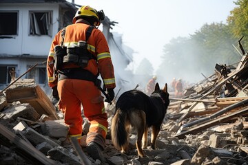 USAR (Urban Search and Rescue), along with their K9 search and rescue dogs. mobilizing to search for earthquake survivors amid the rubble of a collapsed building. Generated with AI