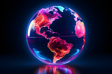 neon planet earth globe isolated on black background - obrazy, fototapety, plakaty