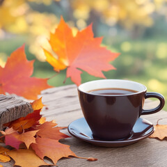 cup of coffee on autumn leaves