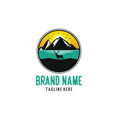 Beautiful mountains lake and animal logo design for outdoor business like hiking, advancer, rental property.
