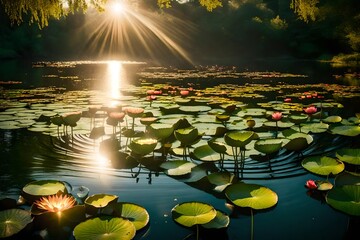 a close up view of lotus , present in lake , sun rays are also present