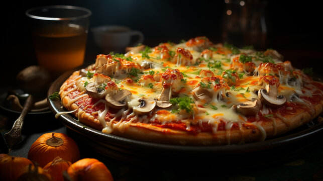 pizza with mushrooms and cheese UHD wallpaper Stock Photographic Image