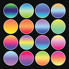 Circle color gradient swatches bundle. Colorful gradation palletes. 16 vibrant and trendy color reference. Blue, green, red, orange, yellow, purple, and pink colours.