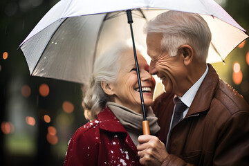 happy senior retired couple with umbrella in the rain - Powered by Adobe