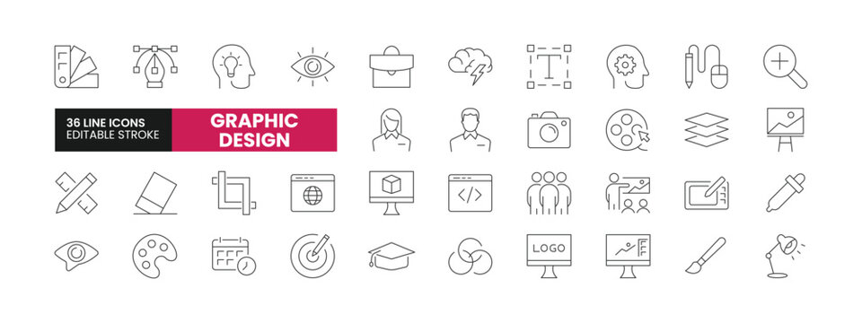 Set of 36 Graphic Design line icons set. Graphic Design outline icons with editable stroke collection. Includes Designing, Brush, Typography, Tools, Digital Art and More.