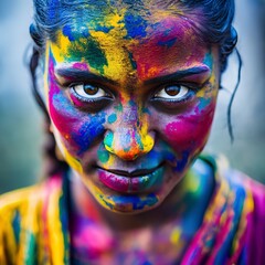Lady covered in dark holi colors all over her chest and face