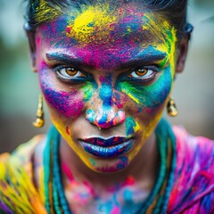 Lady covered in dark holi colors all over her chest and face