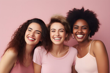 studio portrait of happy female friends smiling
