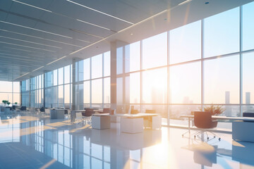 background of a light modern office interior with panoramic windows and beautiful lighting