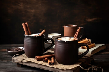 Fototapeta na wymiar Rustic wooden table with a cup of hot and sweet cocoa with cinnamon.