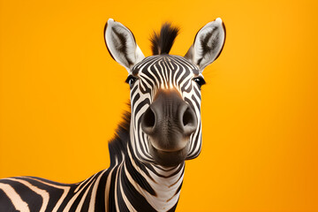 studio portrait of a zebra on yellow background