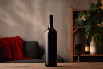 blank bottle of red wine, minimalistic mockup style