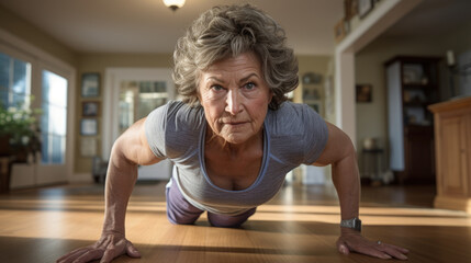 Senior American woman, 60 years old, exercising at her home, health concept. - obrazy, fototapety, plakaty