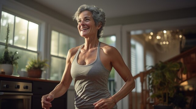 Senior American woman, 60 years old, exercising at her home, health concept.