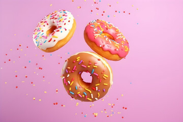 Flying frosted sprinkled donuts. Set of multicolour doughnuts