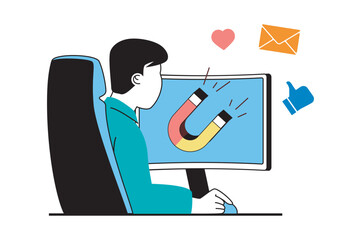 Social media marketing concept with people scene in flat web design. Man promoting blog online, makes emails with promo information. Vector illustration for social media banner, marketing material.