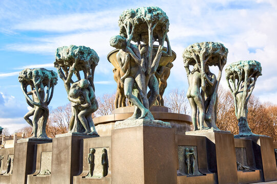 Oslo, Norway - March 30, 2022: The Frogner Fountain, also known as the Monolith Fountain (Vigelandsfontenen) in Frogner Park by Gustav Vigeland