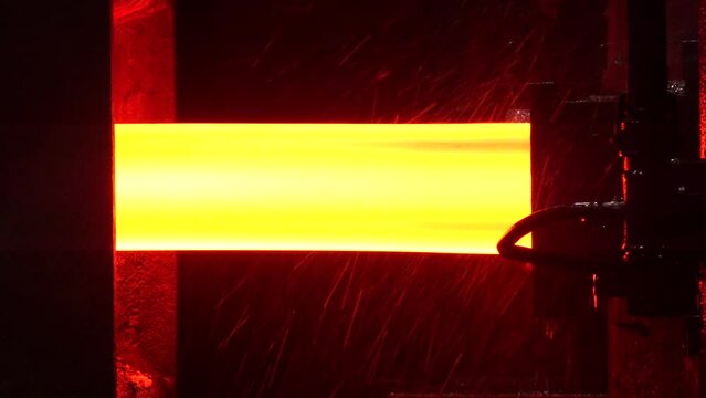Manufacturing of mild steel square bar on continuous casting machine. Hot billet (bloom) continuous casting, also called strand casting
