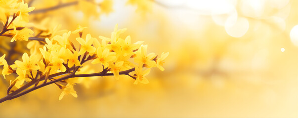 Naklejka na ściany i meble flowering forsythia in springtime sunshine, floral spring background banner concept with copy space and defocused lights in saturated yellow color