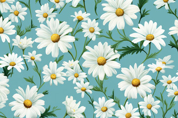 floral pattern of white daisies blue background, green leaves