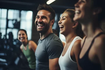 Photo sur Plexiglas Fitness Fitness, laughing and friends at the gym for training, pilates class and happy for exercise at a club. Smile, sport in a group for a workout, cardio or yoga on a studio wall