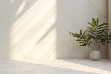 Fototapeta na wymiar Minimalistic light background with blurred foliage shadow on a light wall.