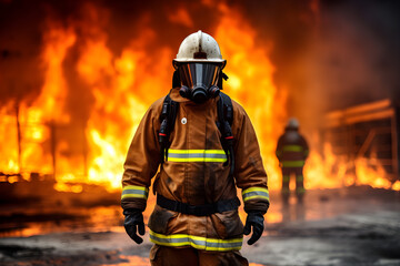 Fototapeta premium fireman with fire flame in an emergency situation in background., under danger situation all firemen wearing fire fighter suit for safety