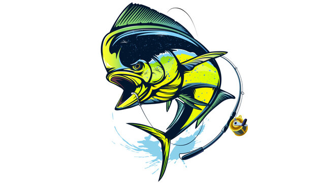 Mahi mahi emblem. Mahi fishing vector illustration. Healthy food. Saltwater fishing. Dolphin fish.