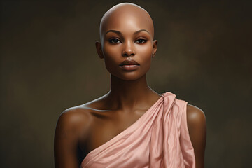 A beautiful black bald woman after chemotherapy, cancer awareness concept - obrazy, fototapety, plakaty