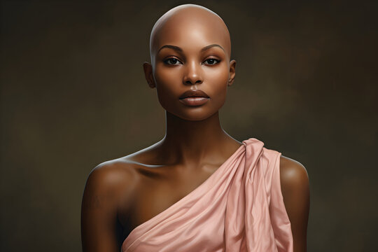 A beautiful black bald woman after chemotherapy, cancer awareness concept