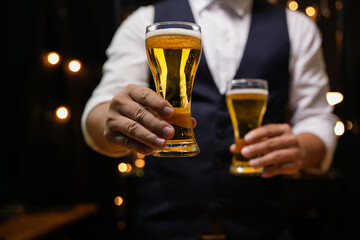 Bartender Serve beer, on wood bar, 