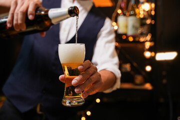 Bartender Serve beer, on wood bar, 