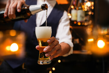 Bartender Serve beer, on wood bar, 