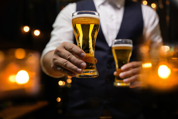 Bartender Serve beer, on wood bar, 