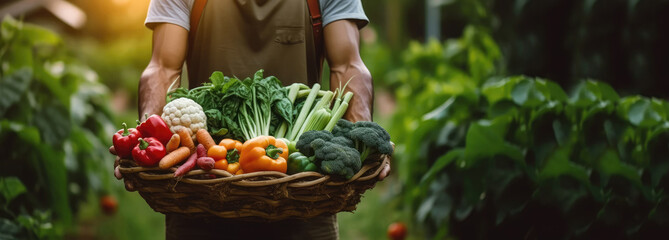 Young farmer holding fresh vegetables in a basket. The concept of biological, bio products, bio ecology, grown by own hands, vegetarians, salads healthy. - obrazy, fototapety, plakaty