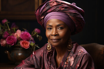 Studio portrait of elegant old ederly african woman on different colours background
