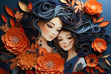 mother and daughter surrounded by flowers Card for Mothers day 