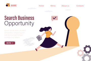 Search business opportunity, landing page template. Businesswoman fast running to keyhole. Solution to business problems. Smart woman running go to goal and open opportunities