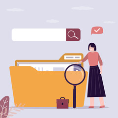 Quick and easy search for files and folders. Smart businesswoman holding magnifying glass and standing next to big yellow folder and search bar. Indexing, database.