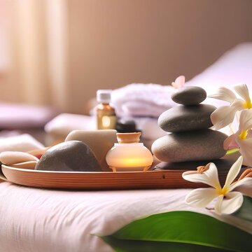 Beautiful spa composition on massage table in wellness center